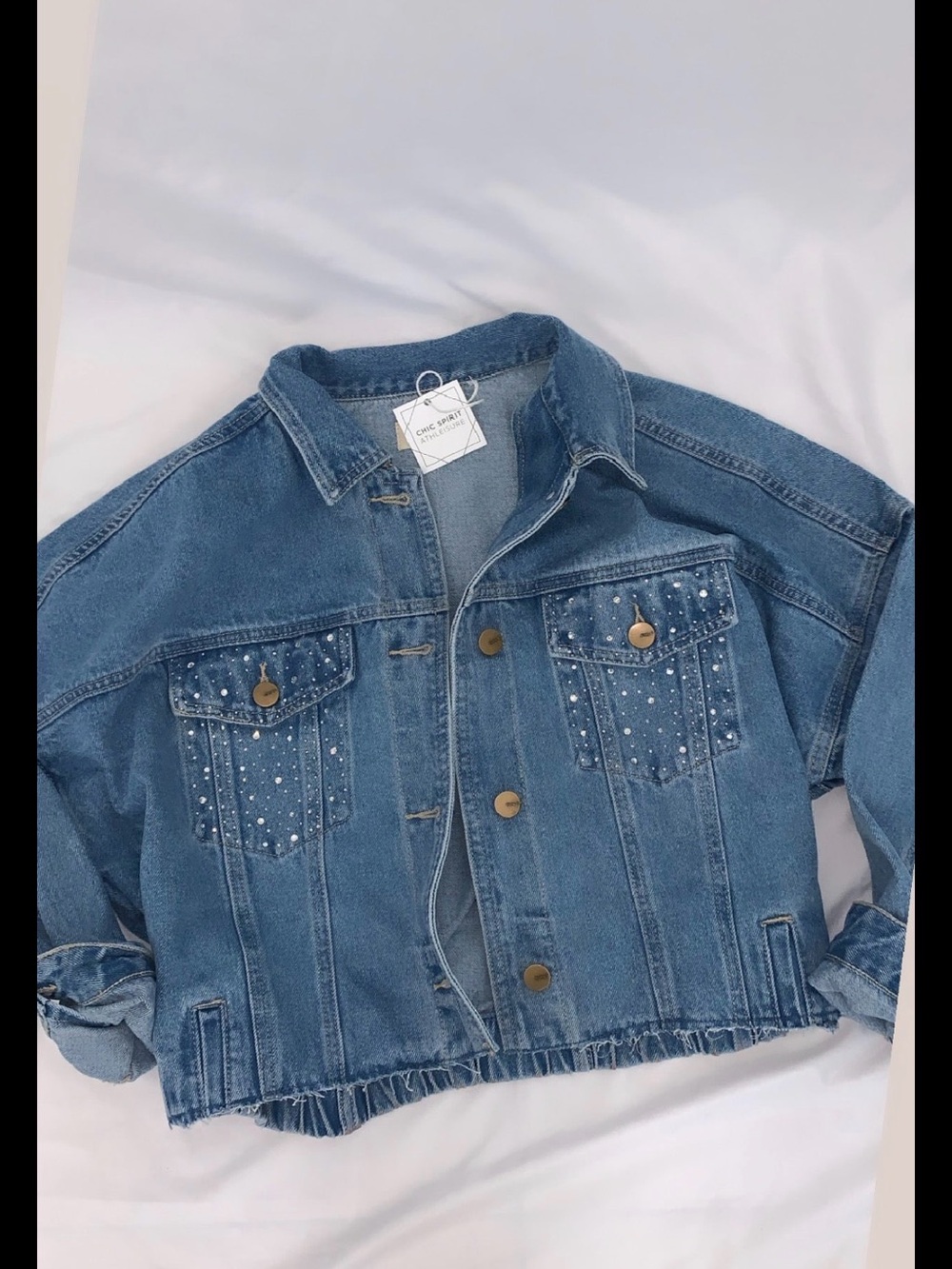 Mono B Light Blue Studded Crop Denim Jacket